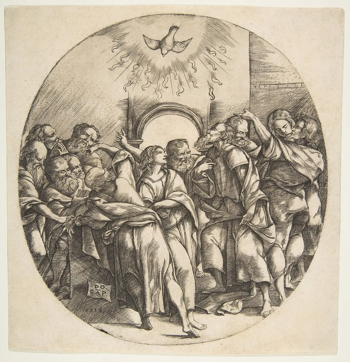The Holy Spirit as a bird descending with spread wings at top center; the twelve Apostles standing below gesturing to it in front of an archway — Domenico Campagnola|Titian (Tiziano Vecellio)