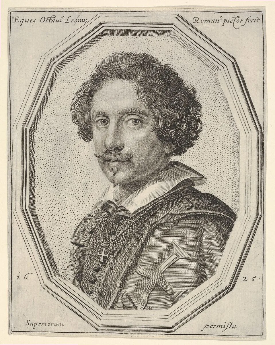 Knight of Malta (self-portrait?), a bust-length portrait in a twelve-sided frame — Ottavio Leoni (Il Padovano)
