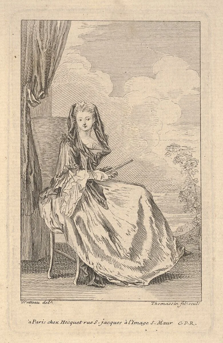 A seated woman holding a closed fan before a drawn curtain, a tree and sky beyond — Antoine Watteau|Henri Simon Thomassin