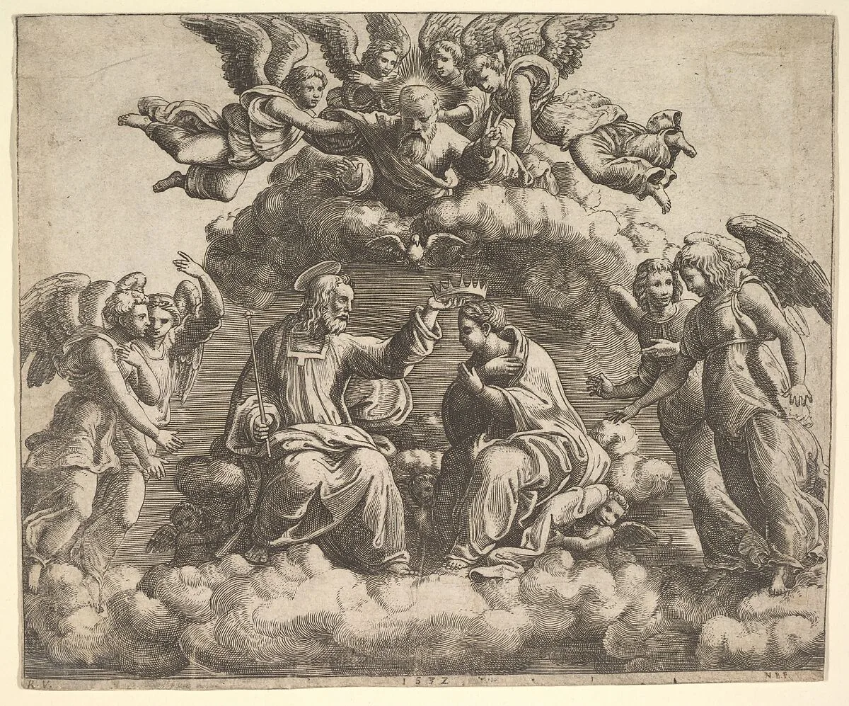 The coronation of the Virgin, Christ holding the crown over her head, God the Father blessing above — Master of the Die|Perino del Vaga (Pietro Buonaccorsi)