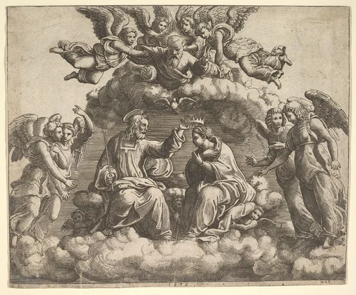 The coronation of the Virgin, Christ holding the crown over her head, God the Father blessing above