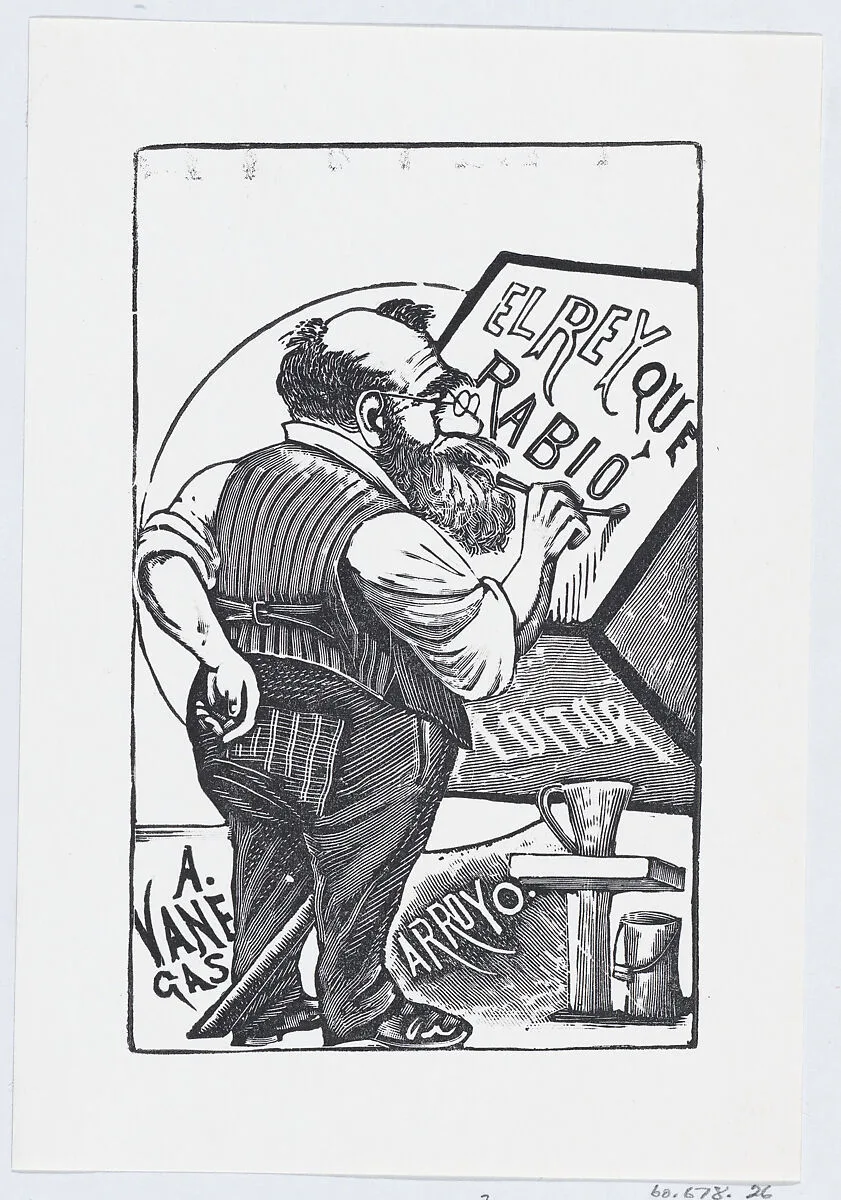 An old man with spectacles and one hand behind his back painting on a wooden block, illustration for 'El Rey que Rabio' — José Sanchez|José Guadalupe Posada