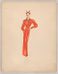 Drawing for a woman's theatrical costume in orange with gold trimmings — Vincente Minnelli