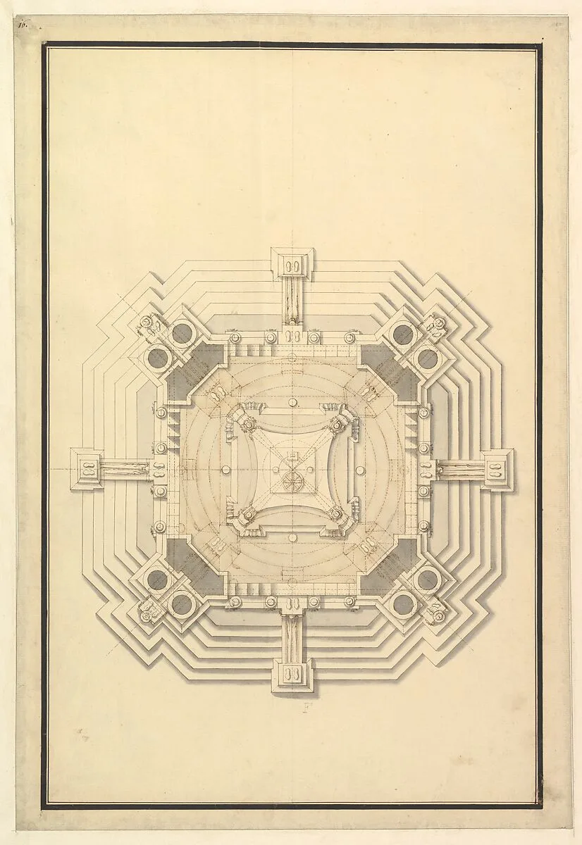 Ground Plan for a Catafalque for a Duke de Berri, probably Charles, Duke de Berri, Grandson of Louis XIV, and 3rd son of Louis, the Dauphin (1685-1714) — Giuseppe Galli Bibiena