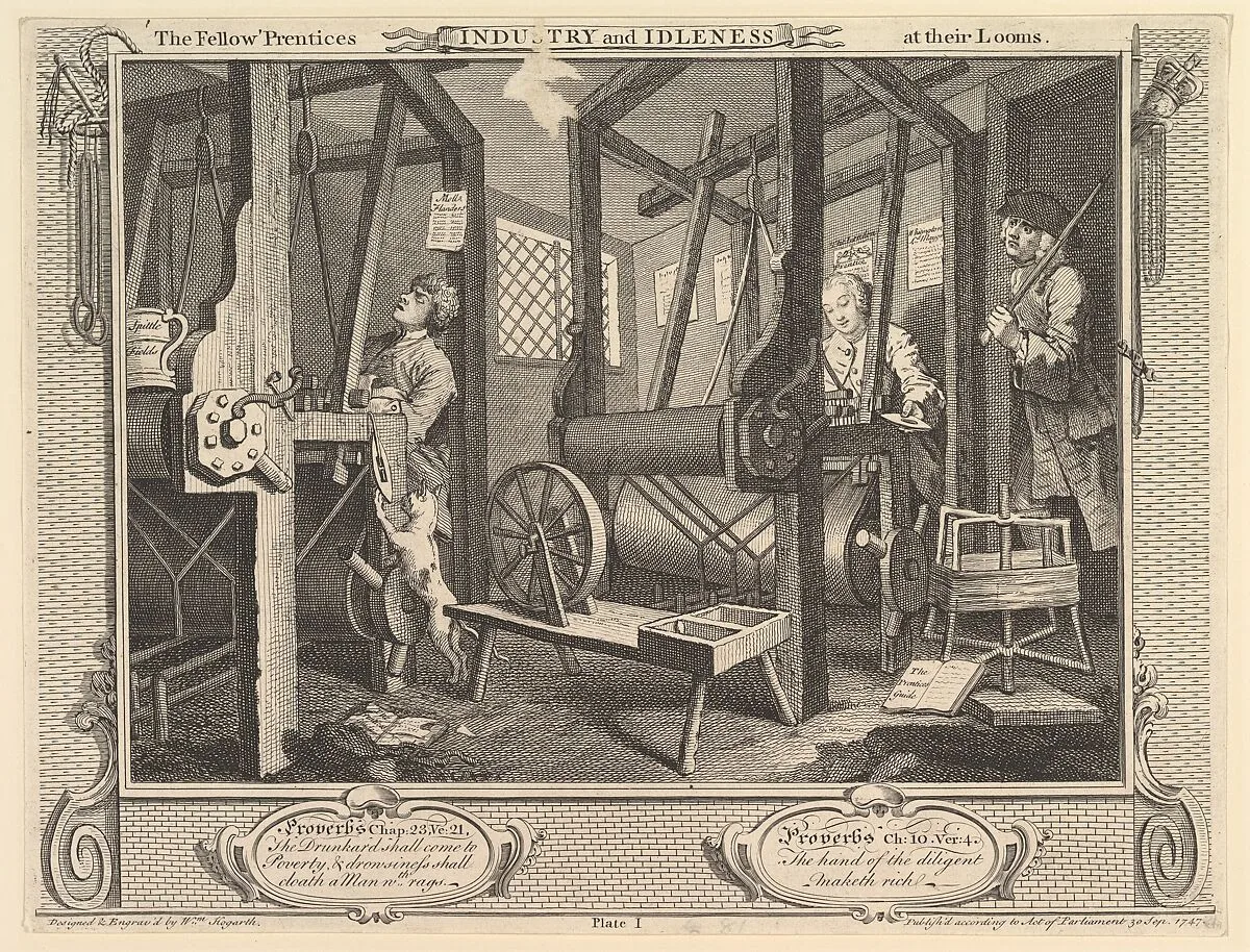 The Fellow 'Prentices at their Looms: Industry and Idleness, plate 1 — William Hogarth