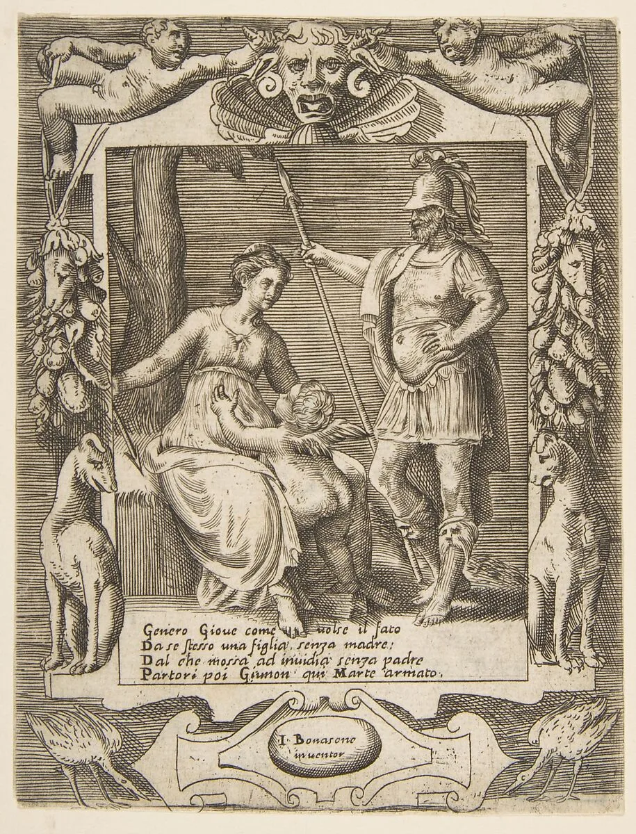 Juno, Mars and Cupid, set within an elaborate frame, from "Loves, Rages and Jealousies of Juno" — Giulio Bonasone