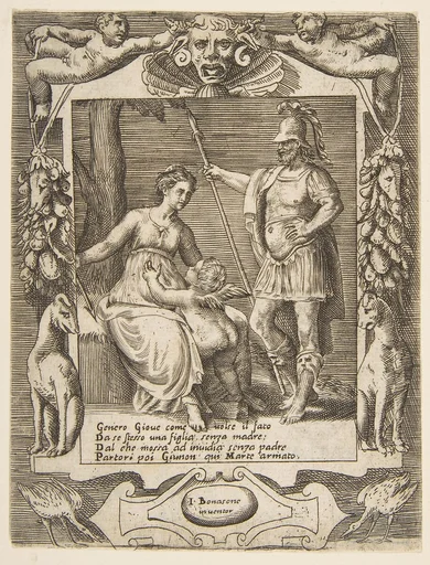 Juno, Mars and Cupid, set within an elaborate frame, from "Loves, Rages and Jealousies of Juno"