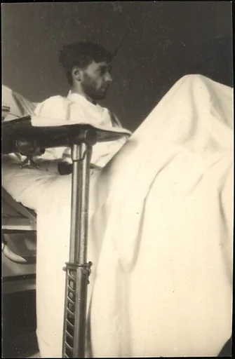 [Self-Portrait in New York Hospital Bed (Right Profile, From Below), New York City]