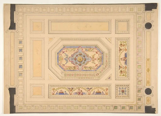 Design for a paneled ceiling painted with putti, birds, and floral motifs