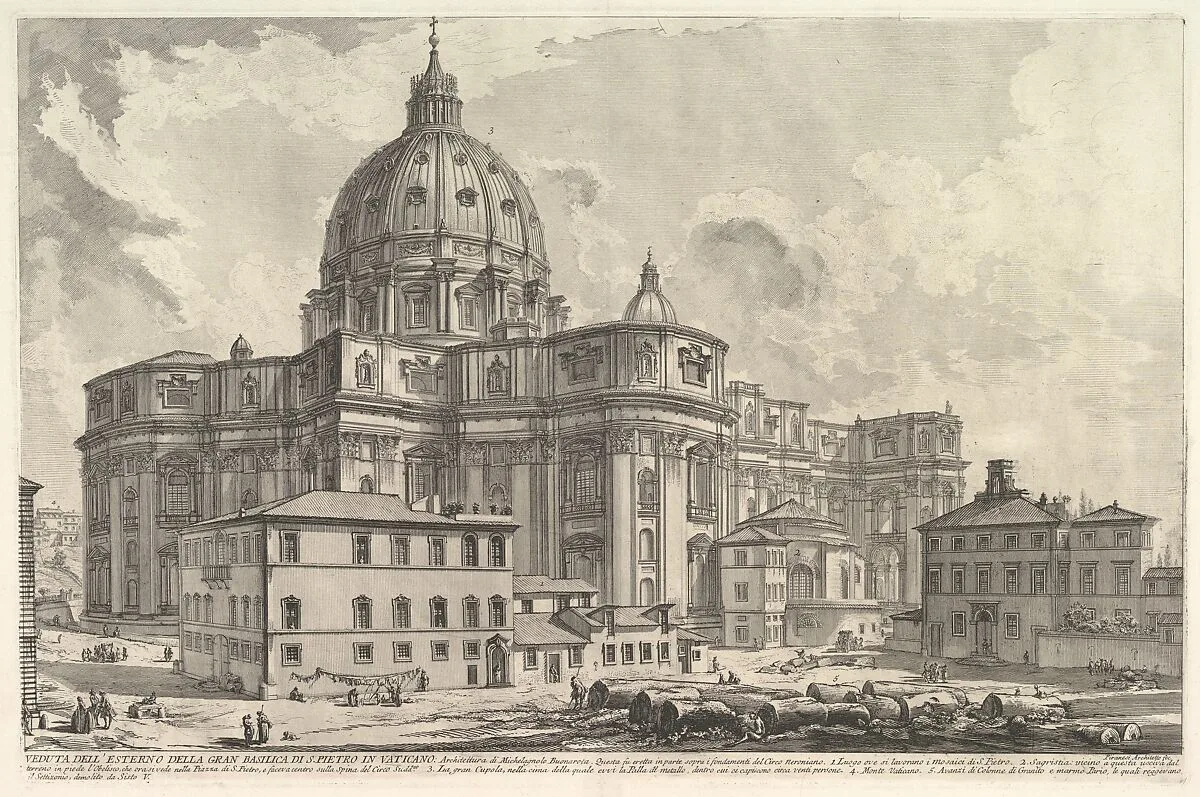 View of the exterior of St. Peter's Basilica in the Vatican, from Vedute di Roma (Roman Views) — Giovanni Battista Piranesi