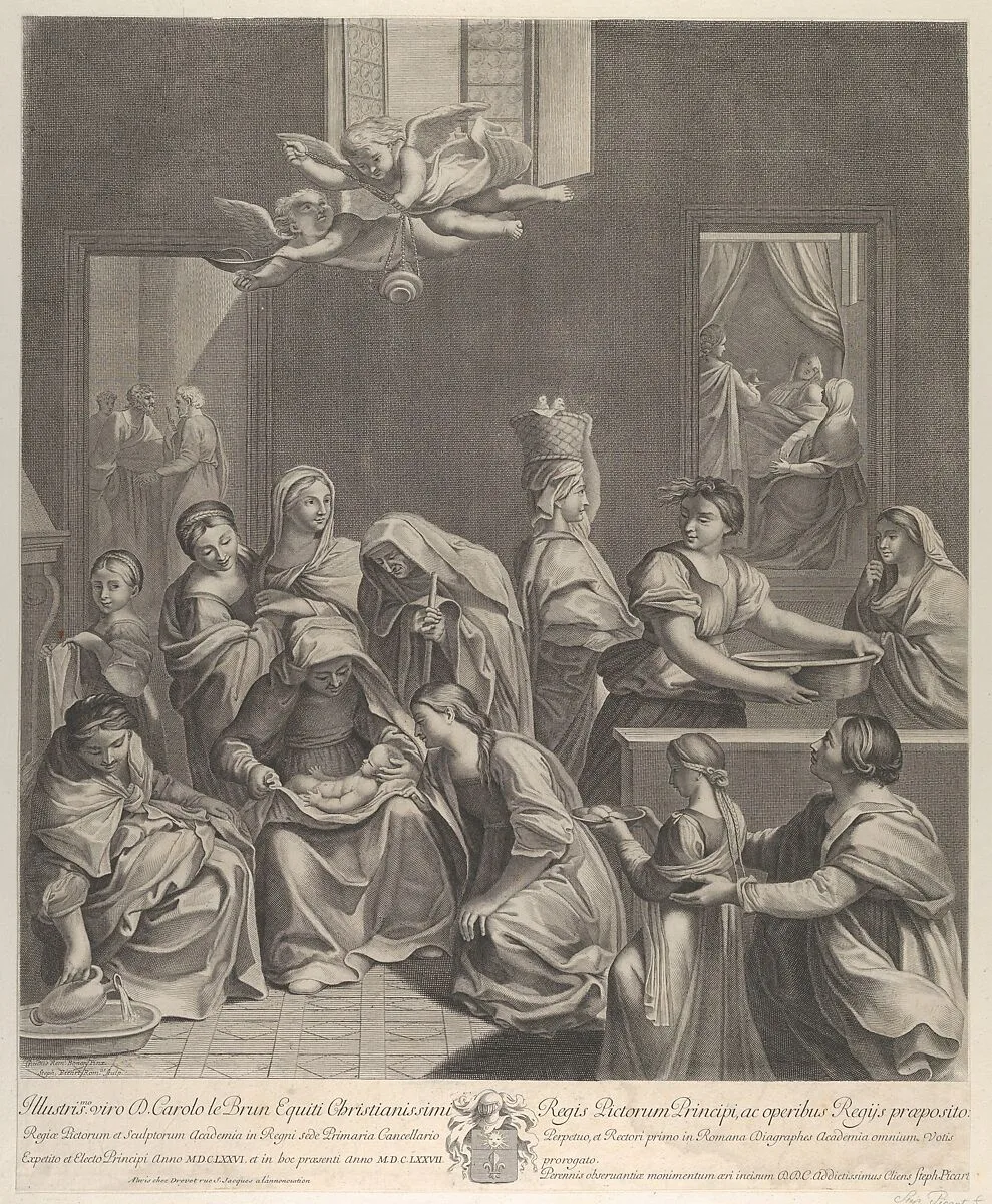 The birth of the Virgin; woman seated with an infant in her lap, numerous women surrounding her, angels above, after Reni — Guido Reni|Etienne Picart|Pierre Drevet