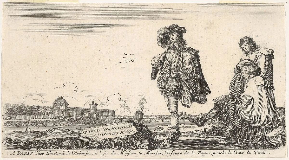A well-dressed man standing in center looking towards the left, a seated man, possibly the engraver, is drawing with another man watching him to right, a view of Paris to left in the background, title page for 'Various figures and lands' (Diverse figure e paesi) — Stefano della Bella|Israël Henriet