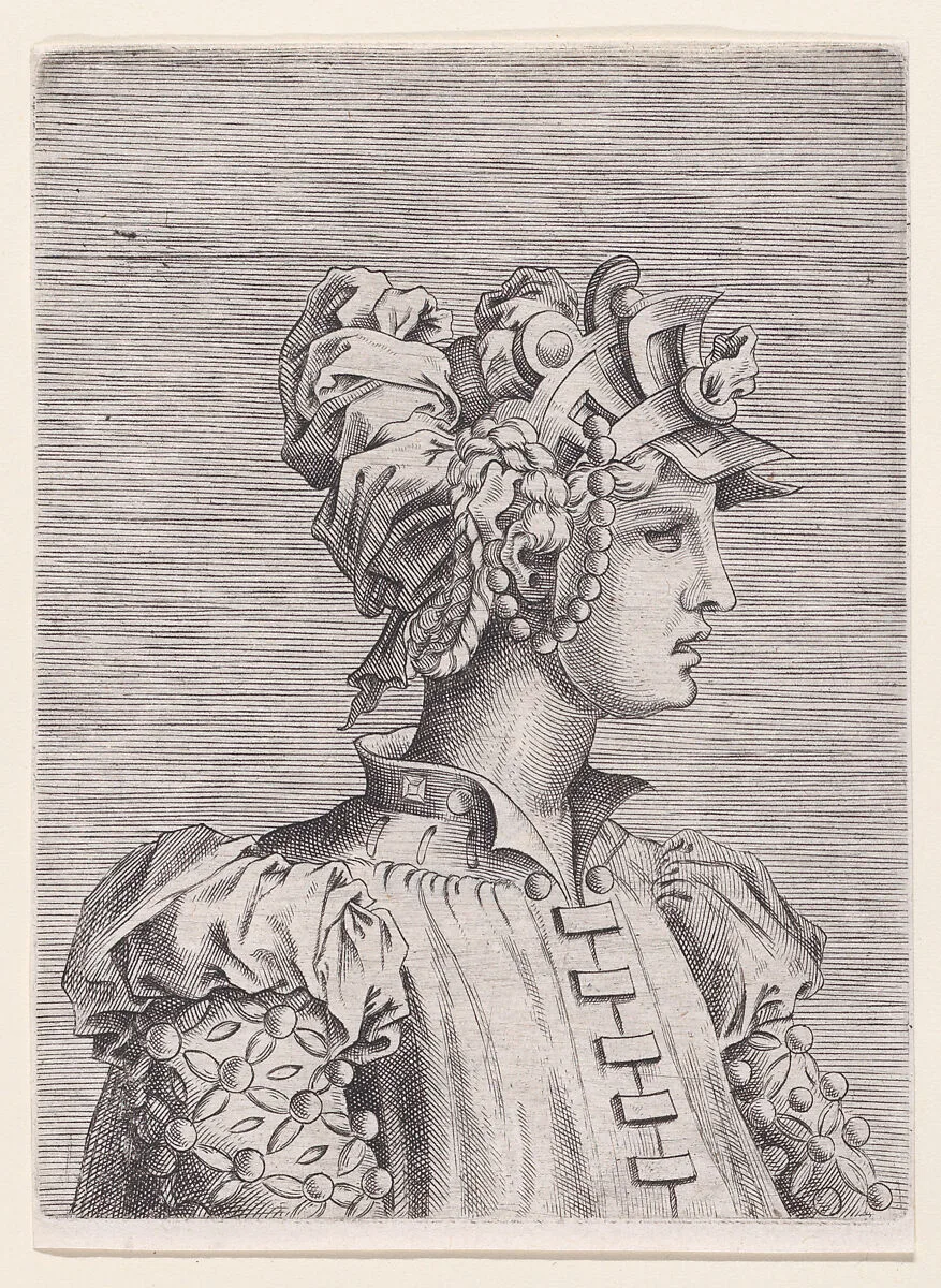 Bust of a Woman Wearing a Fantastic Head-dress and Mask — René Boyvin|Rosso Fiorentino