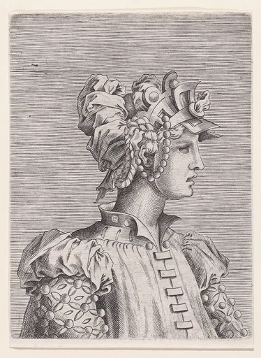 Bust of a Woman Wearing a Fantastic Head-dress and Mask