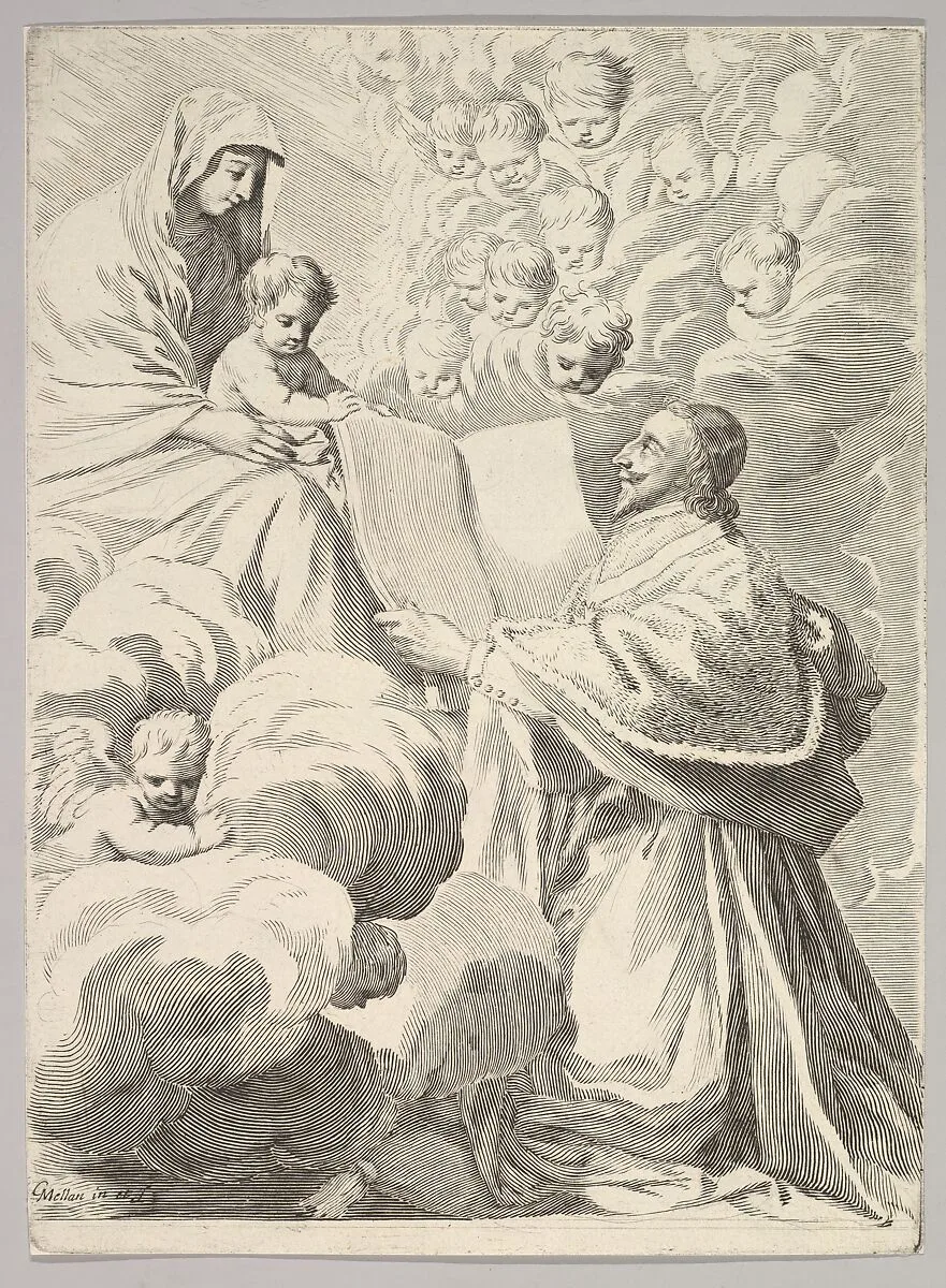Cardinal Richelieu, Kneeling, Presents His Book to the Virgin and Child — Claude Mellan|Cardinal Duc de Richelieu
