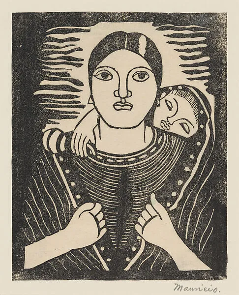 A young woman carrying a child on her back, set within a thick border — Mauricio