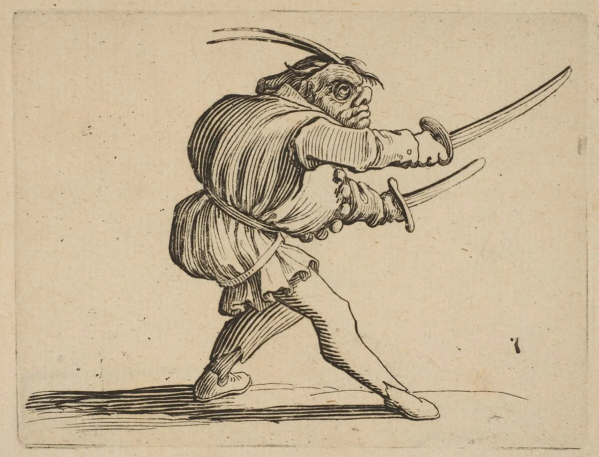 The Duelliste aux Deux Sabres (The Duelist with Two Sabres), from Varie Figure Gobbi, suite appelée aussi Les Bossus, Les Pygmées, Les Nains Grotesques (Various Hunchbacked Figures, The Hunchbacks, The Pygmes, The Grotesque Dwarfs) — Jacques Callot