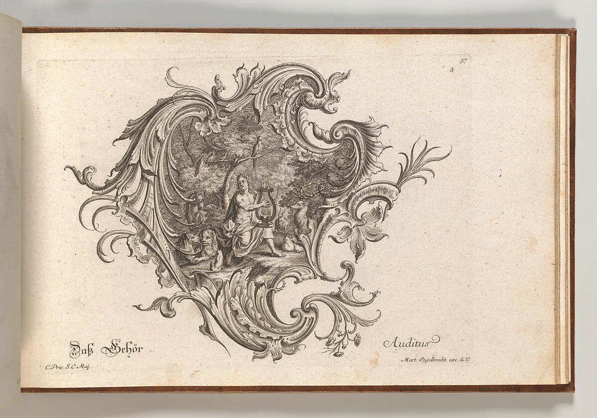 Design for a Cartouche and Representation of 'Hearing', Plate 3 from 'Neu Inventierte auf die artigste Facon Sehr nutzliche Schild.' — Johannes Rumpp|Johann Georg Pintz|Martin Engelbrecht