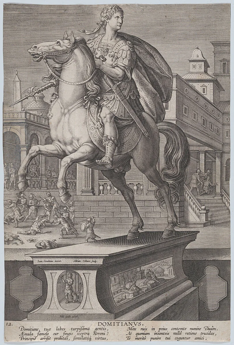 Plate 12: equestrian statue of Domitian, seen three-quarters to the left, with his stabbing death at right in the background, from 'Roman Emperors on Horseback' — Jan van der Straet, called Stradanus|Philips Galle|Adriaen Collaert
