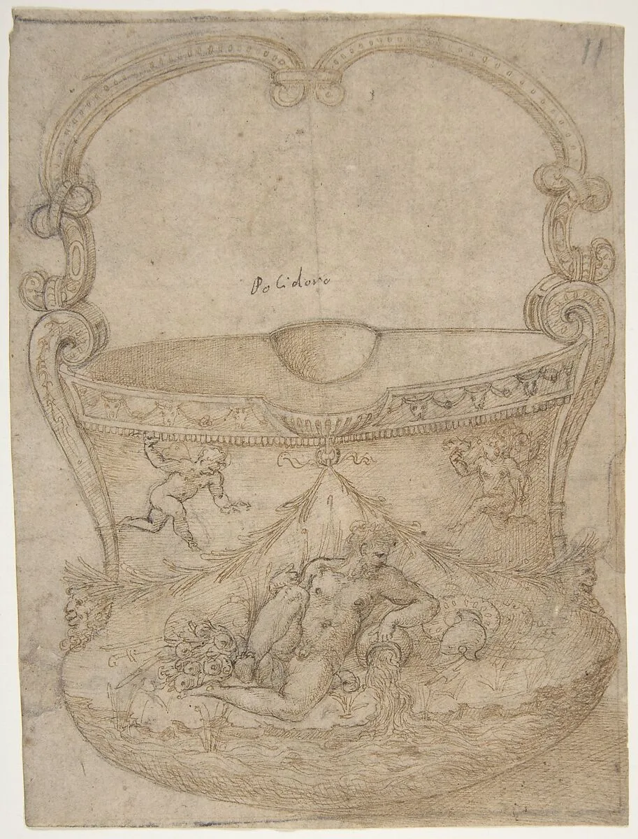 Design for a Bucket-Like Vessel with a Handle of Non-Figural Interlaces, on a Body Adorned with a River God and Two Putti — Girolamo Genga