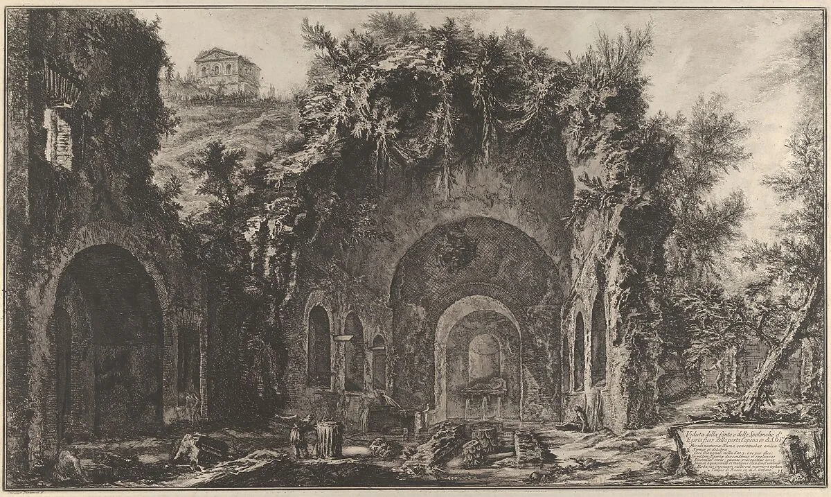 View of the fountainhead and the Grotto of Egiria outside the Porta Capena — Giovanni Battista Piranesi