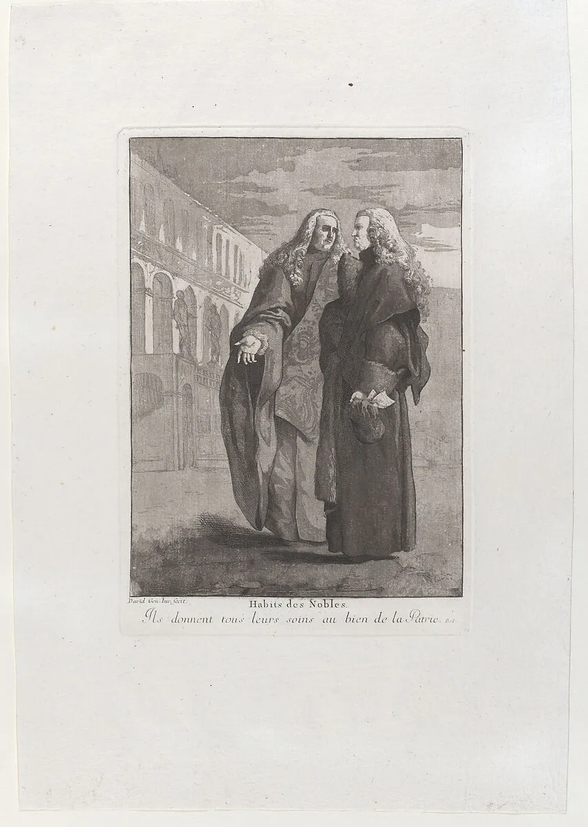Two Venetian magistrates standing in front of the Palazzo Ducale, from the 'Divers portraits gravés à l'eau-forte et dediés à M.Dominique Corvi' — Giovanni David