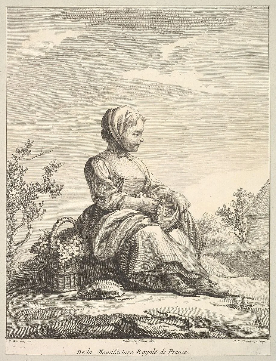 Little girl holding grapes with a basket of them by her side, from Deuxième Livre de Figures d'après les porcelaines de la Manufacture Royale de France (Second Book of Figures after porcelains from the Manufacture Royale de France) — François Boucher|Pierre François Tardieu|Pierre Etienne Falconet