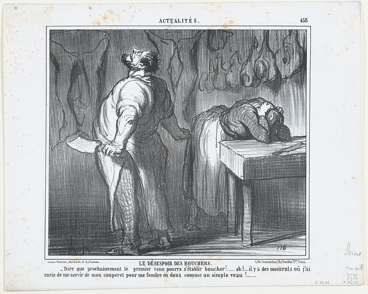 Le Désespoir des Bouchers, from Actualités, published in Le Charivari, November 21, 1857 — Aaron Martinet|Honoré Daumier|Destouches