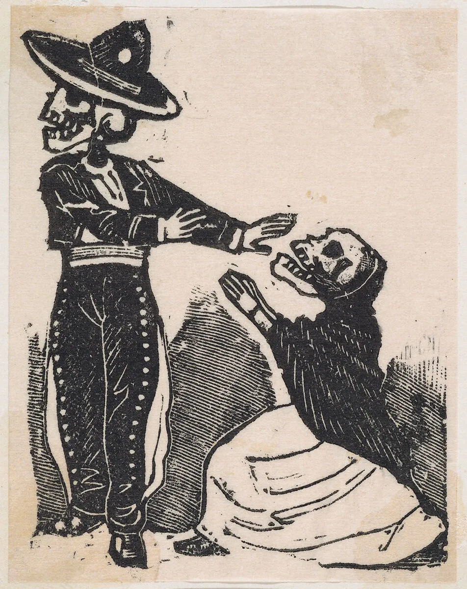 A skeleton in a torero costume turning away from a kneeling skeleton in a shawl and dress, from the broadside entitled, 'El Gran Panteon Amoroso,' published by Antonio Vanegas Arroyo. — José Guadalupe Posada
