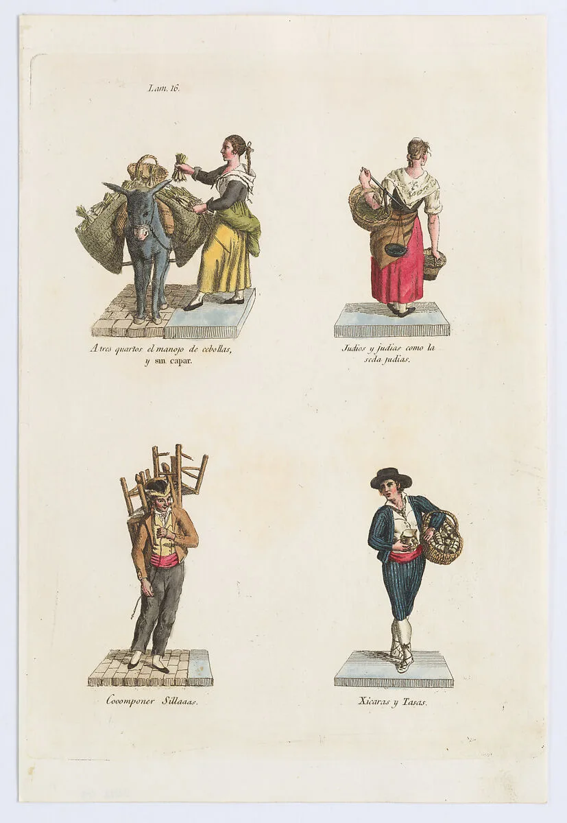 Plate 16: four street vendors from Madrid selling onions, beans, chairs, and crockery, from 'Los Gritos de Madrid' (The Cries of Madrid) — Imprenta Real, Madrid|Miguel Gamborino