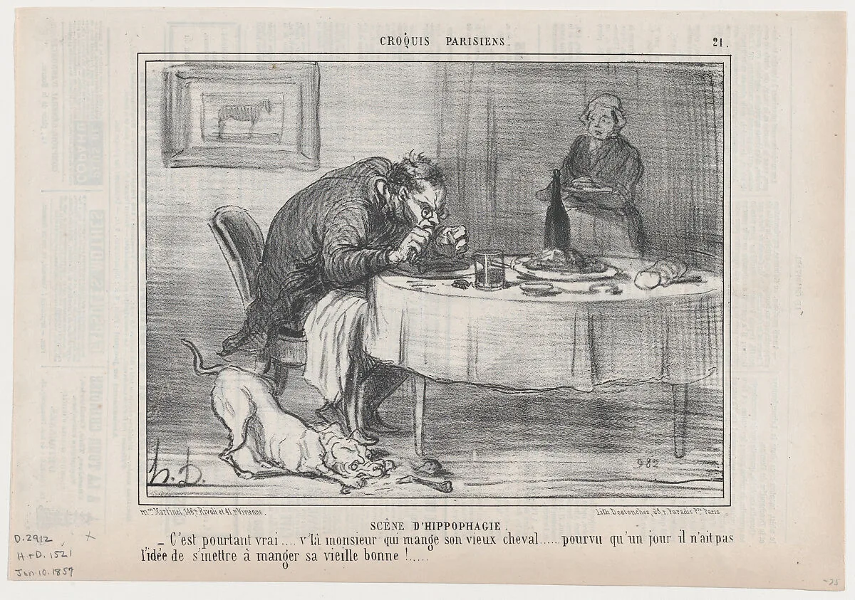 Scêne d'Hippophagie, from Croquis Dramatiques, published in Le Charivari, January 10, 1857 — Aaron Martinet|Honoré Daumier|Destouches
