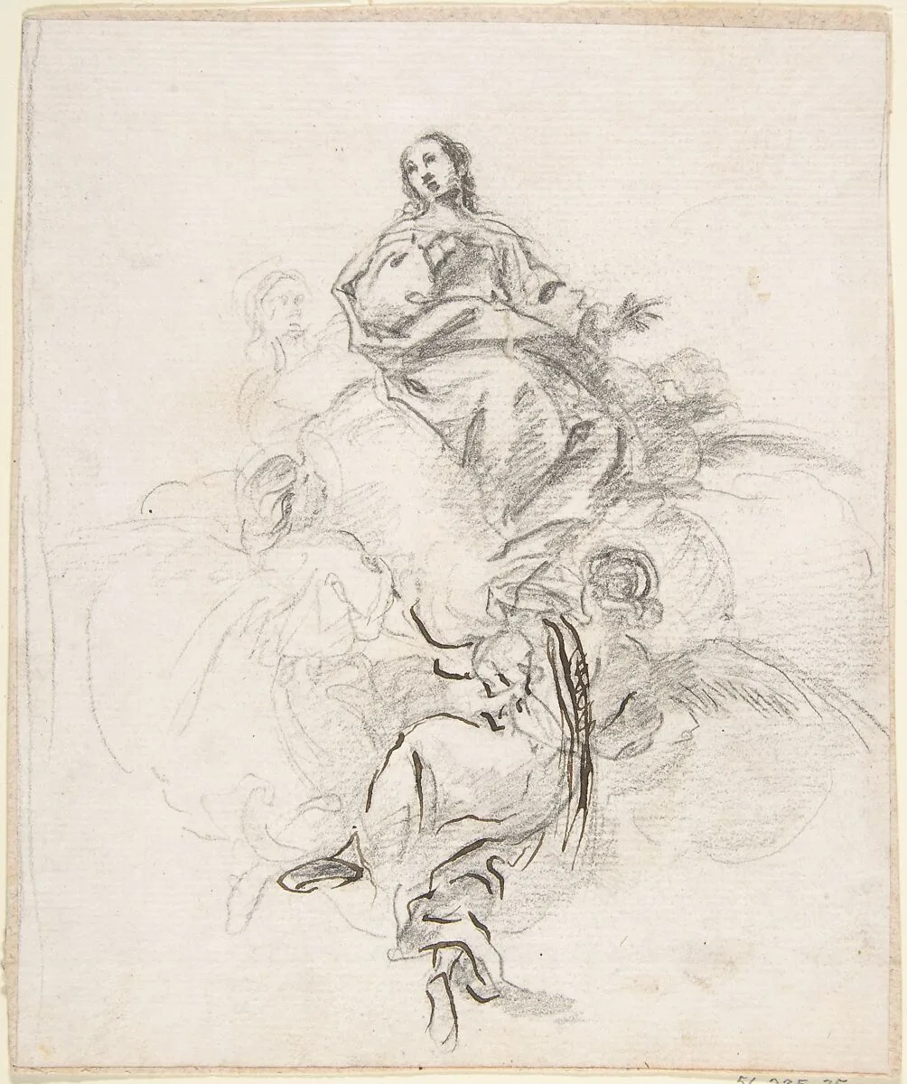 Virgin of the Immaculate Conception Seated on Clouds, Supported by Four Angels — Anonymous, Spanish, School of Seville, 17th century|Pedro Duque Cornejo
