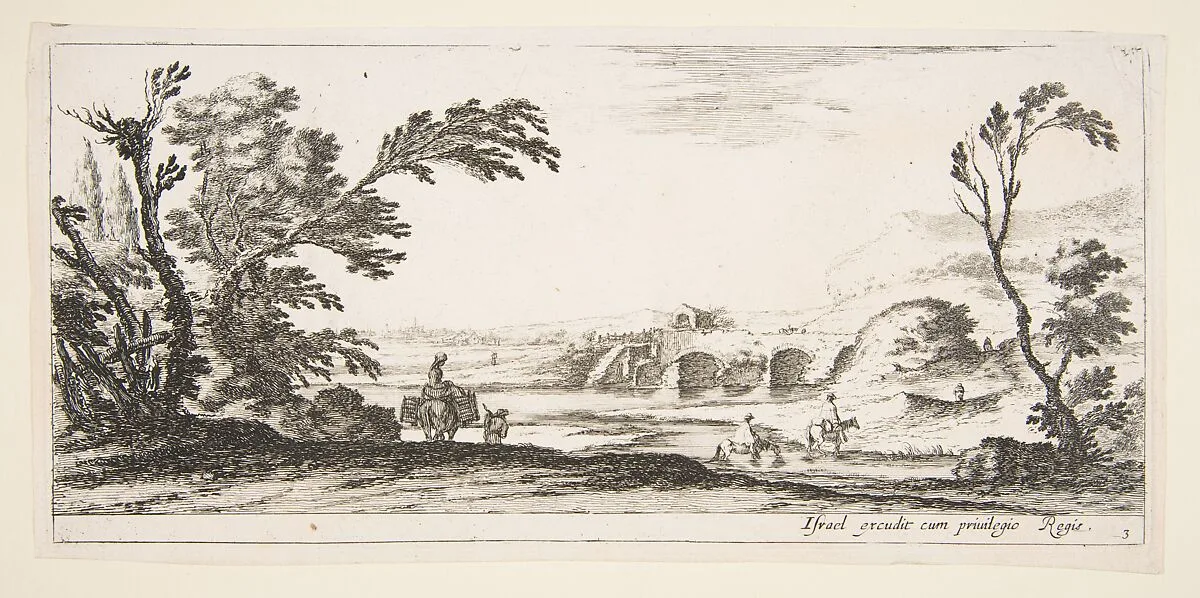 Plate 3: two horsemen crossing a river to right, a woman with two baskets atop a donkey to left, trees to the left and right, a bridge in the background, from 'Various landscapes' (Divers paysages) — Stefano della Bella|Israël Henriet|Louis de Bourbon duc d'Anguien