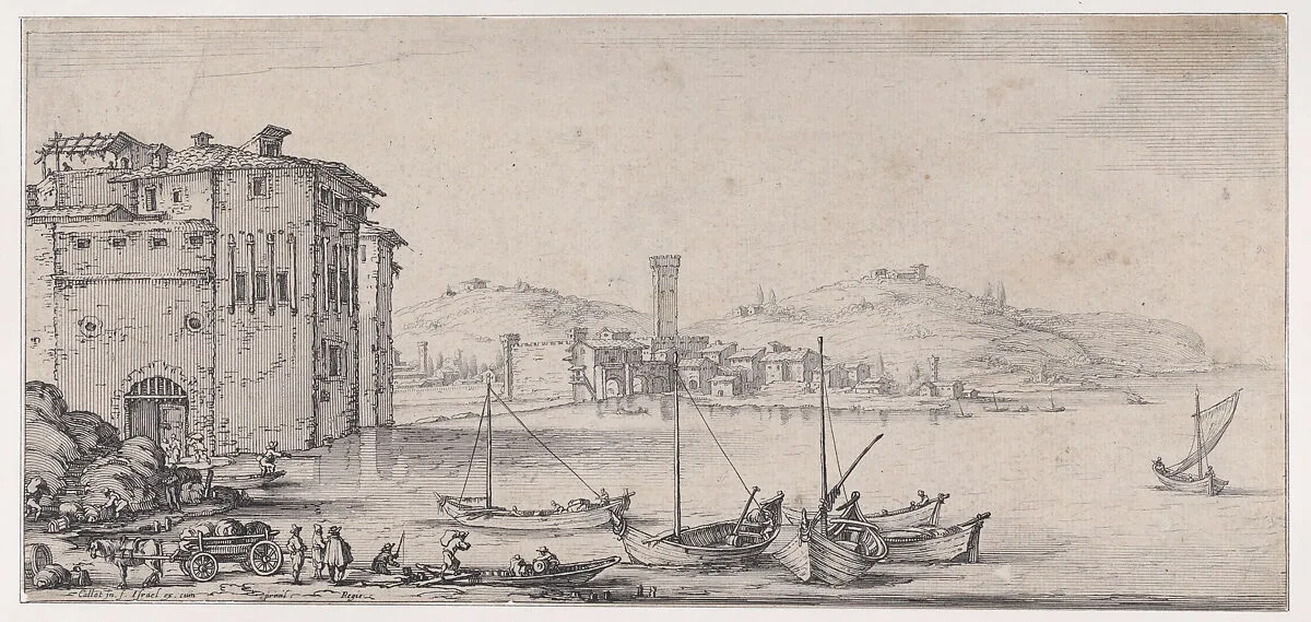 L'Embarquement des Marchandises (The Embarkation of Goods), from Paysages Gravés pour Jean de Médicis appelées aussi Paysages Dessinés a Florence, Vues de Florence, Paysages d'Italie, et Paysages Définitifs (Landscapes Engraved for Giovanni de'Medici, Landscapes Designed in Florence, Views of Florence, Landscapes of Italy, and Definitive Landscapes) — Israël Henriet|Jacques Callot|Don Giovanni de' Medici