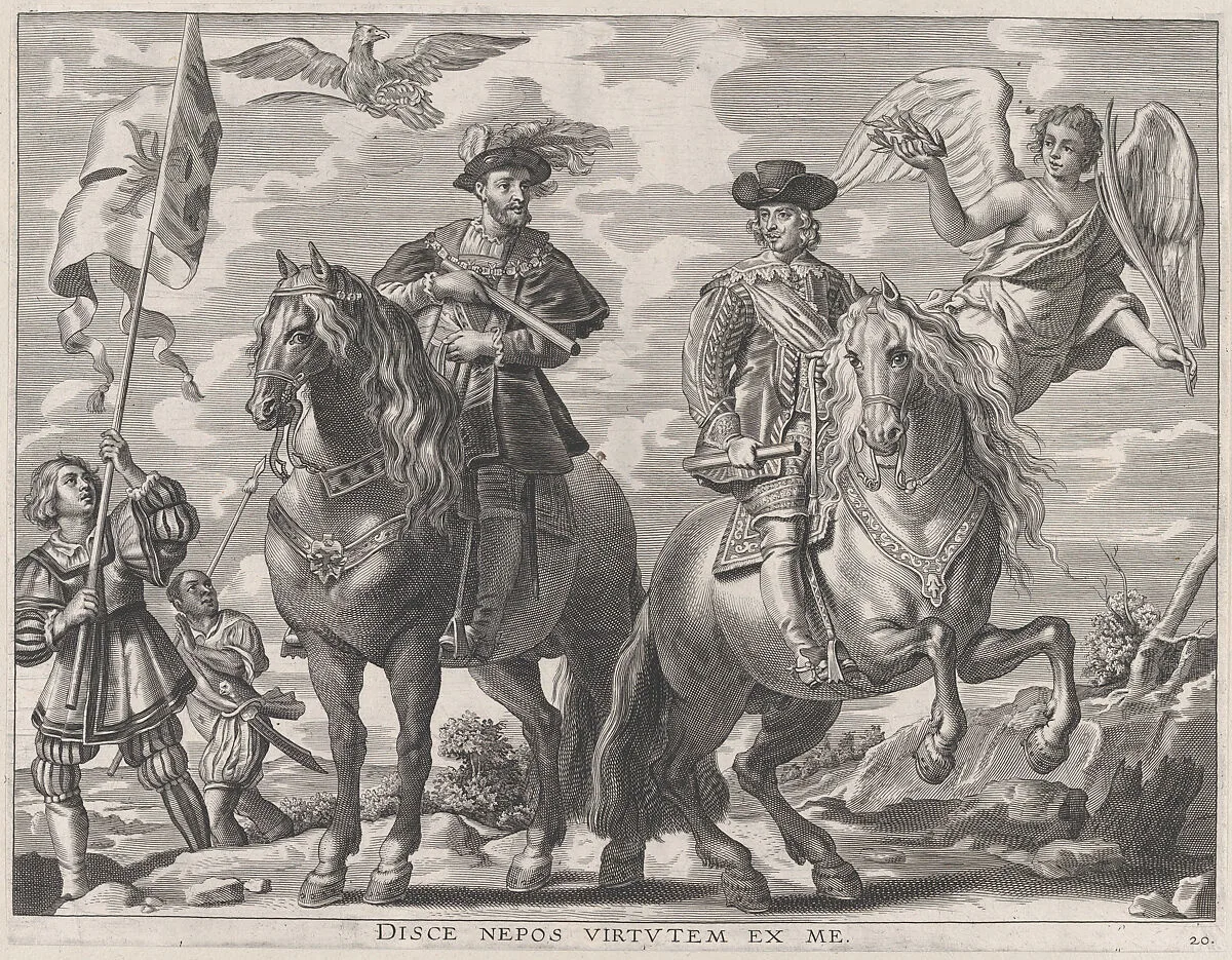 Plate 20: Charles V and Ferdinand on Horseback; from Guillielmus Becanus's 'Serenissimi Principis Ferdinandi, Hispaniarum Infantis...' — Johannes Meursius|Pieter de Jode II|Gaspar de Crayer