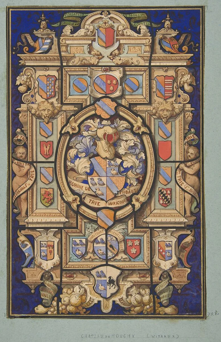 Design for a stained-glass window with heraldic designs for the Château Mouchy (Oise) — Jules-Edmond-Charles Lachaise|Eugène-Pierre Gourdet