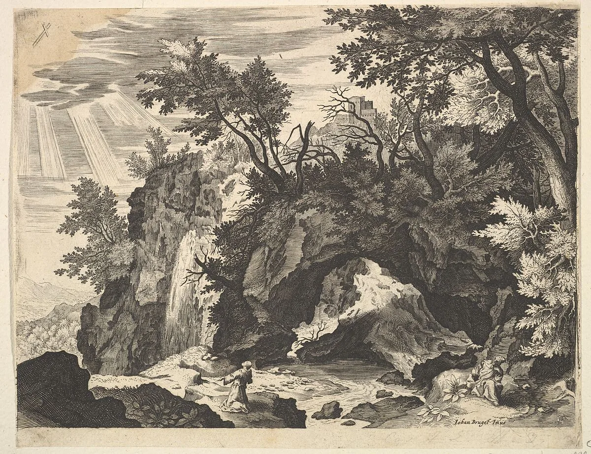 Rocky Landscape with the Stigmatization of St. Francis (reverse copy) — Crispijn de Passe the Elder|Aegidius Sadeler II|Jan Brueghel the Elder