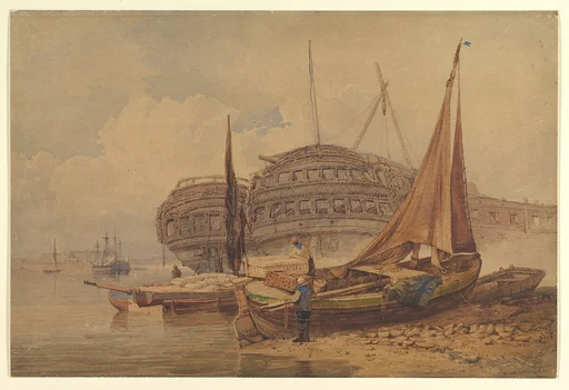 Coastal Scene with Beached Boats in Foreground