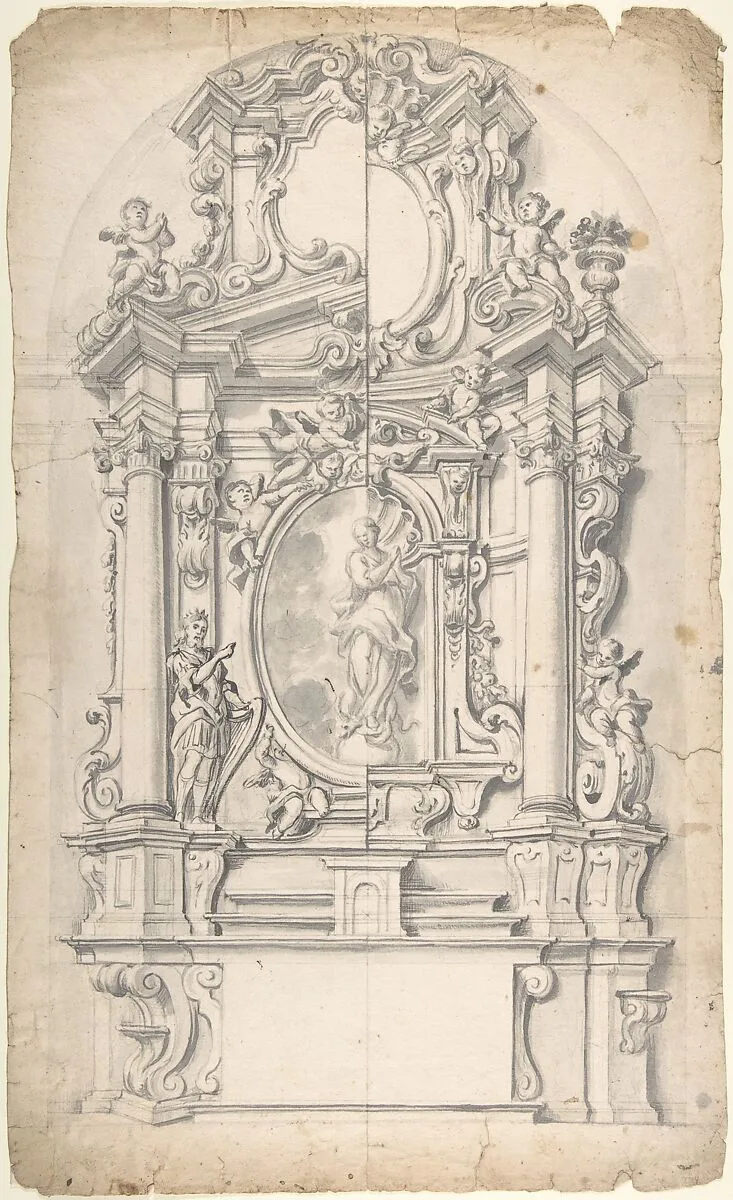 Halved Variant Designs for un Altar with the Virgin of the Immaculate Conception in the Central Cartouche — Anonymous, Italian, Piedmontese, 18th century