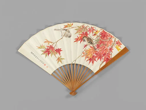 現代 金西厓刻扇骨,鍾鴻毅繪丹楓雙雀 成扇|Carved fan, birds amid autumn maple leaves
