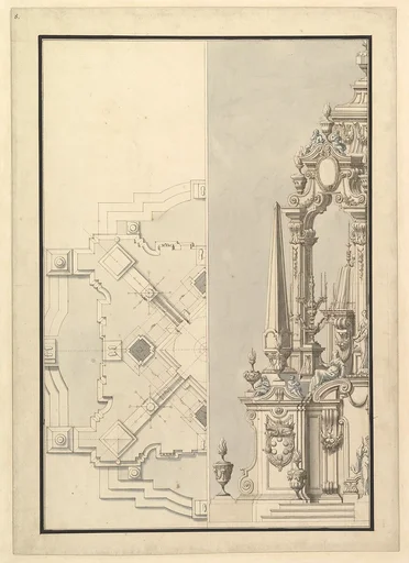 Half Ground Plan and Half Elevation of a Catafalque for Cosimo III dei Medici, Grand Duke of Tuscany (1642-1723)
