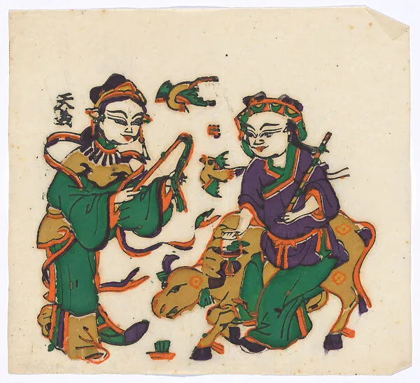 現代 佚名 牛郎(右) 彩印木刻年畫 河南朱仙鎮天義老店|New Year Picture of The Herdboy (right one of a pair) — Unidentified artist(s)