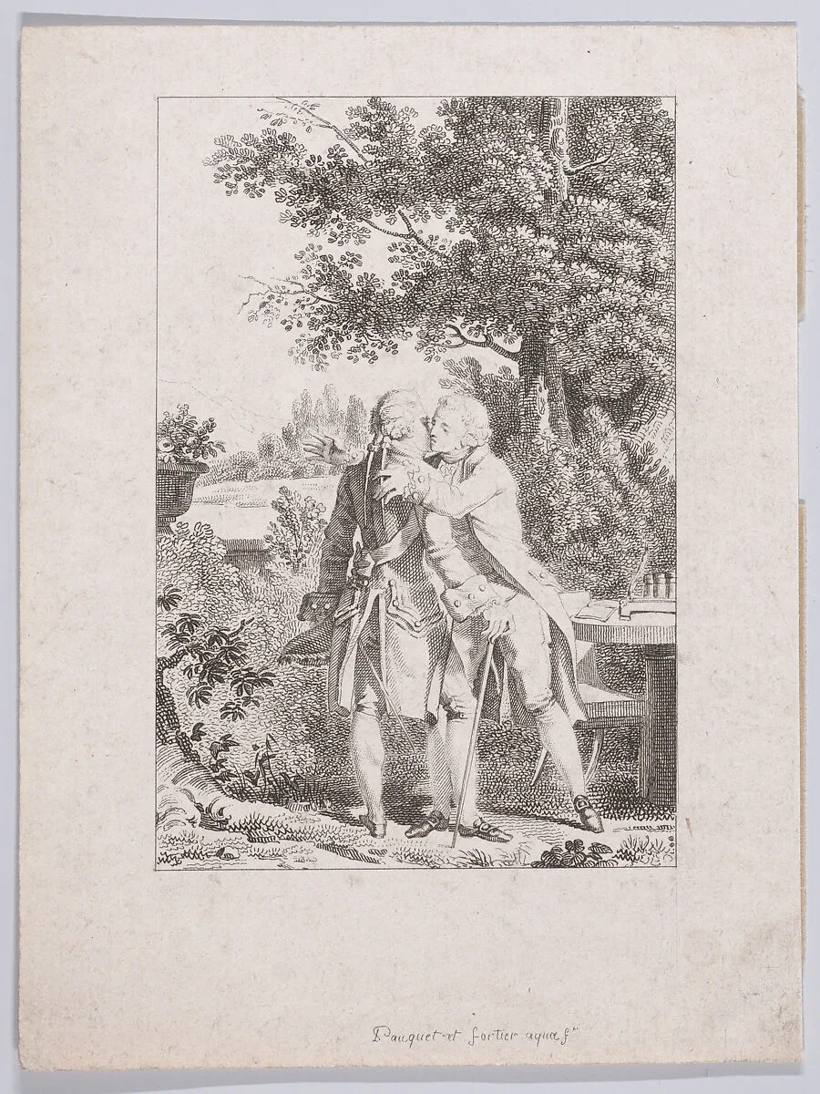 C’est dans un de ces transports d’attendrissement que je dis à M. de Luxembourg en l’embrassant (I said this to M. de Luxembourg as I embraced him during a moment of tenderness), from J. J. Rousseau's "Confessions" — Jean-Baptiste-Michel Dupréel|Charles Abraham Chasselat|Jean Jacques Rousseau|Claude François Fortier|Louis Pauquet