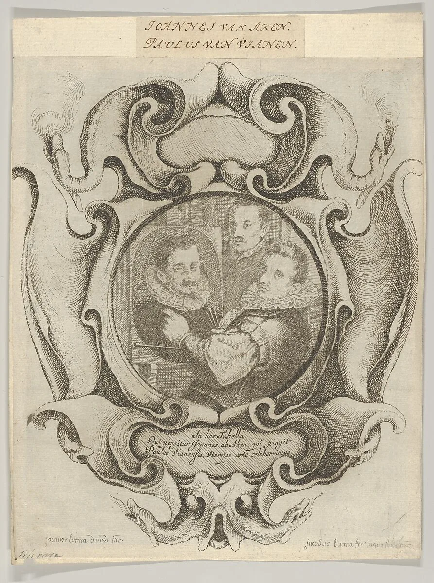 Auricular Cartouche with the Painter Hans von Aachen, the Goldsmith Paulus van Vianen, and the Sculptor Adriaen de Vries — Jacob Lutma|Johannes Lutma the Elder|Jacob Lutma
