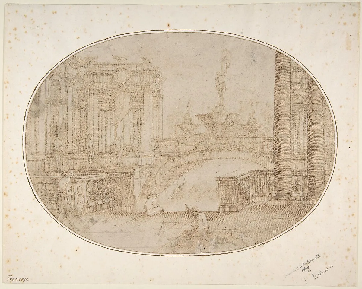 Architectural Perspective for a Stage Set with a Bridge, Statues and a Fountain in the Background and Human Figures in the Foreground — Carlo Antonio Buffagnotti