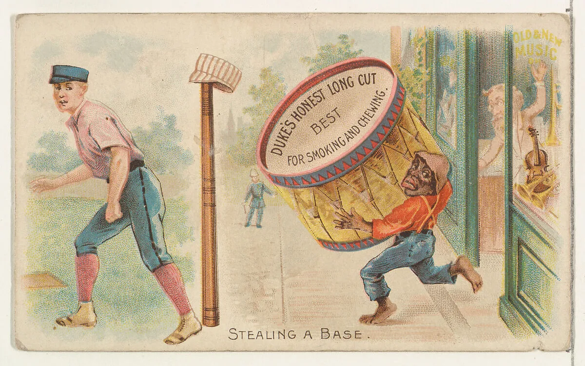 Stealing a Base, from the Talk of the Diamond set (N135) issued by Duke Sons & Co., a branch of the American Tobacco Company — Schumacher & Ettlinger|W. Duke, Sons & Co.|American Tobacco Company