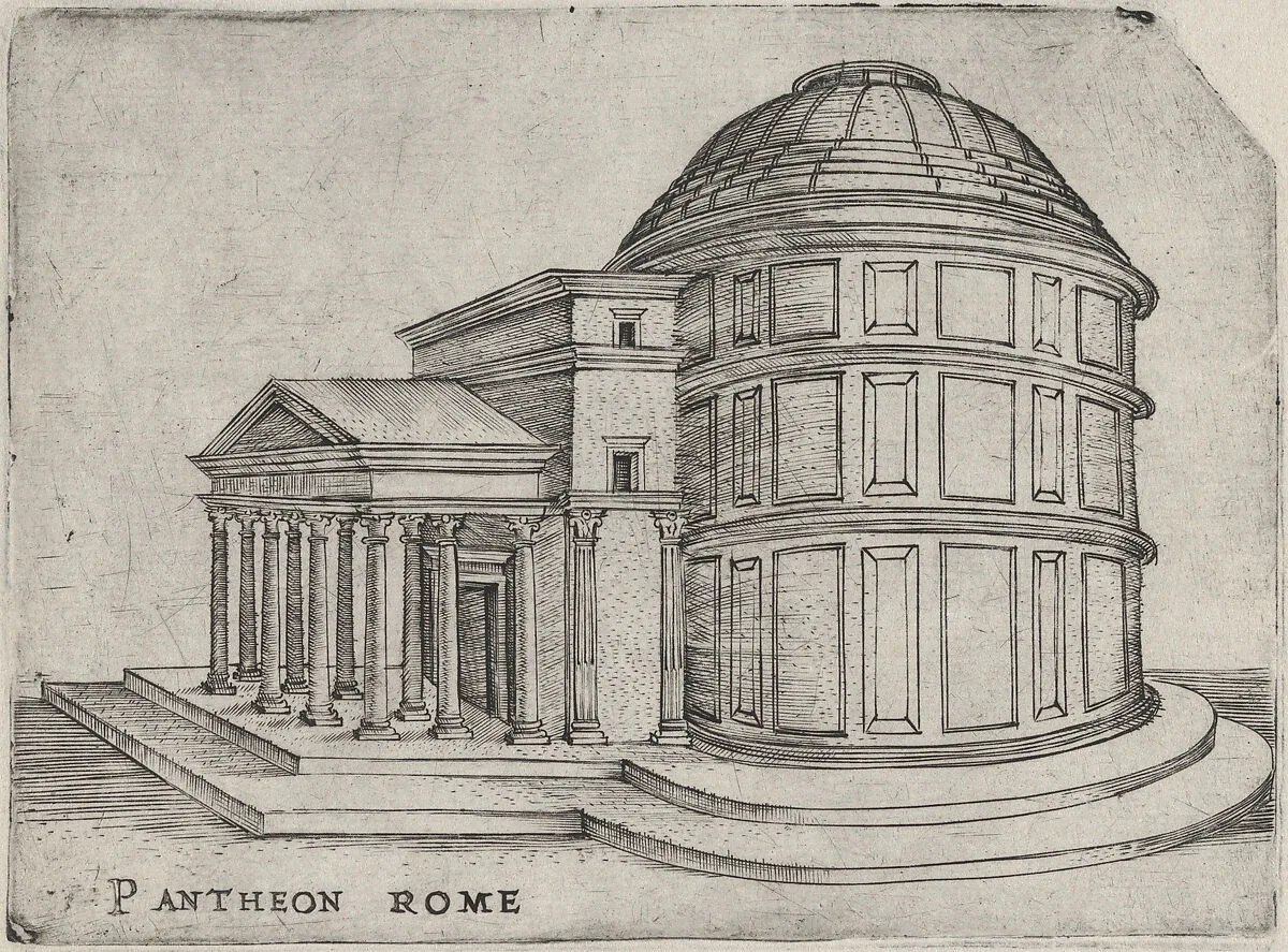 Pantheon Rome, from a Series of 24 Depicting (Reconstructed) Buildings from Roman Antiquity — Monogrammist G.A. & the Caltrop|Anonymous, Italian, 16th century