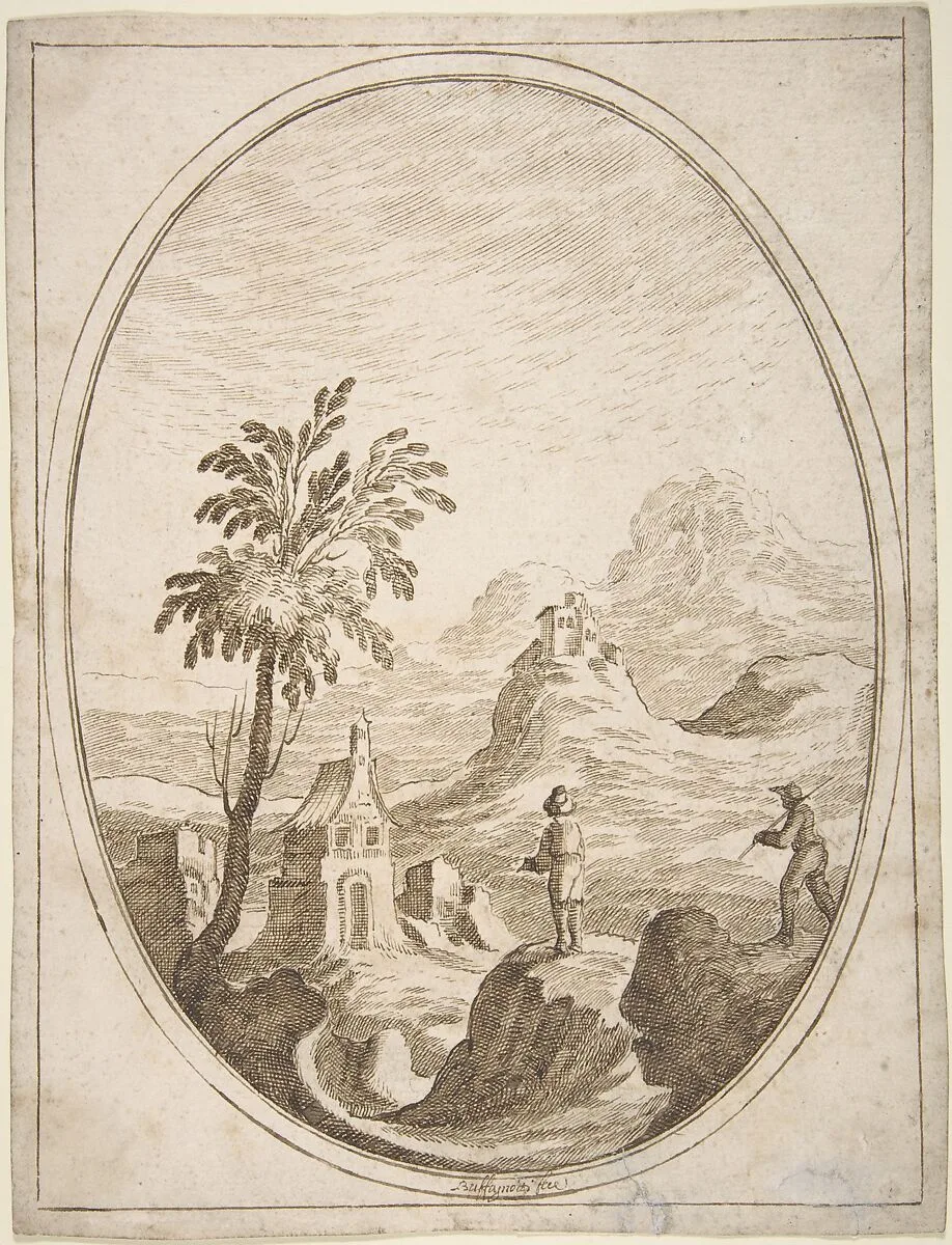 Vertical Oval Vignette of a Mountainous Landscape with Two Shepherds in the Foreground. — Carlo Antonio Buffagnotti