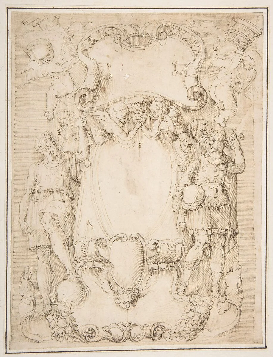 Drawing of Cartouche with Bearded Man Left, Young man crowned with Laurels Right, and Four Putti — Battista Franco
