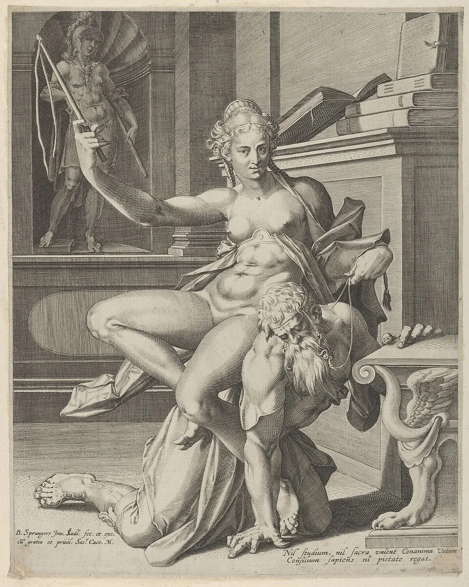 Phyllis and Aristotle — Bartholomeus Spranger|Johann Sadeler I